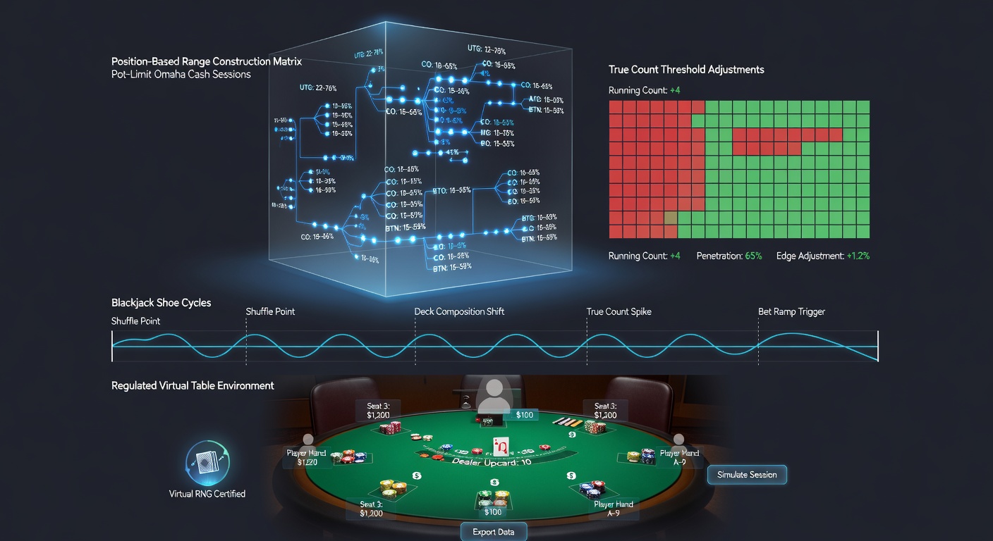 Diagram showing position-based range construction in pot-limit Omaha cash games mapped to blackjack true count adjustments