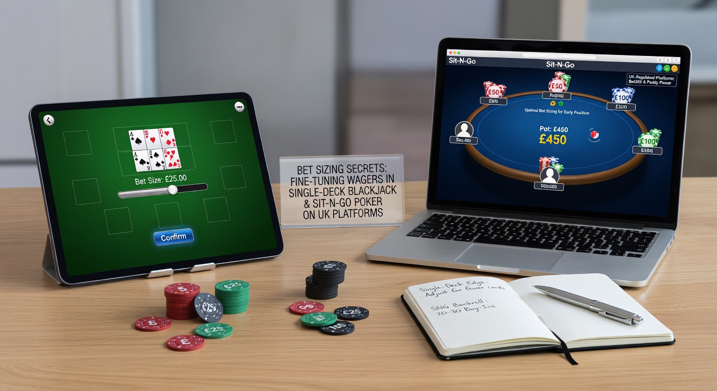 Sit-N-Go poker tournament progression chart showing bet sizing adjustments by stack size and blind levels on a UK platform interface