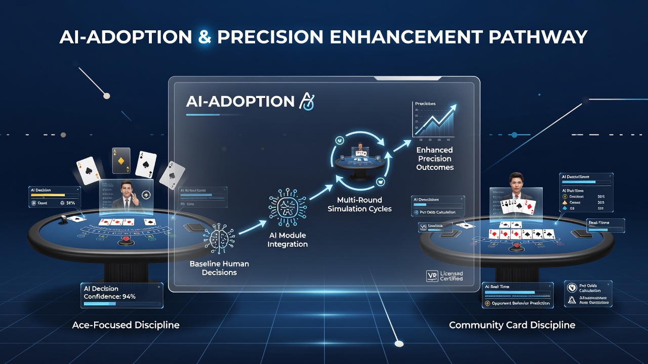 AI training interface displaying decision trees for blackjack and poker scenarios in a virtual licensed environment