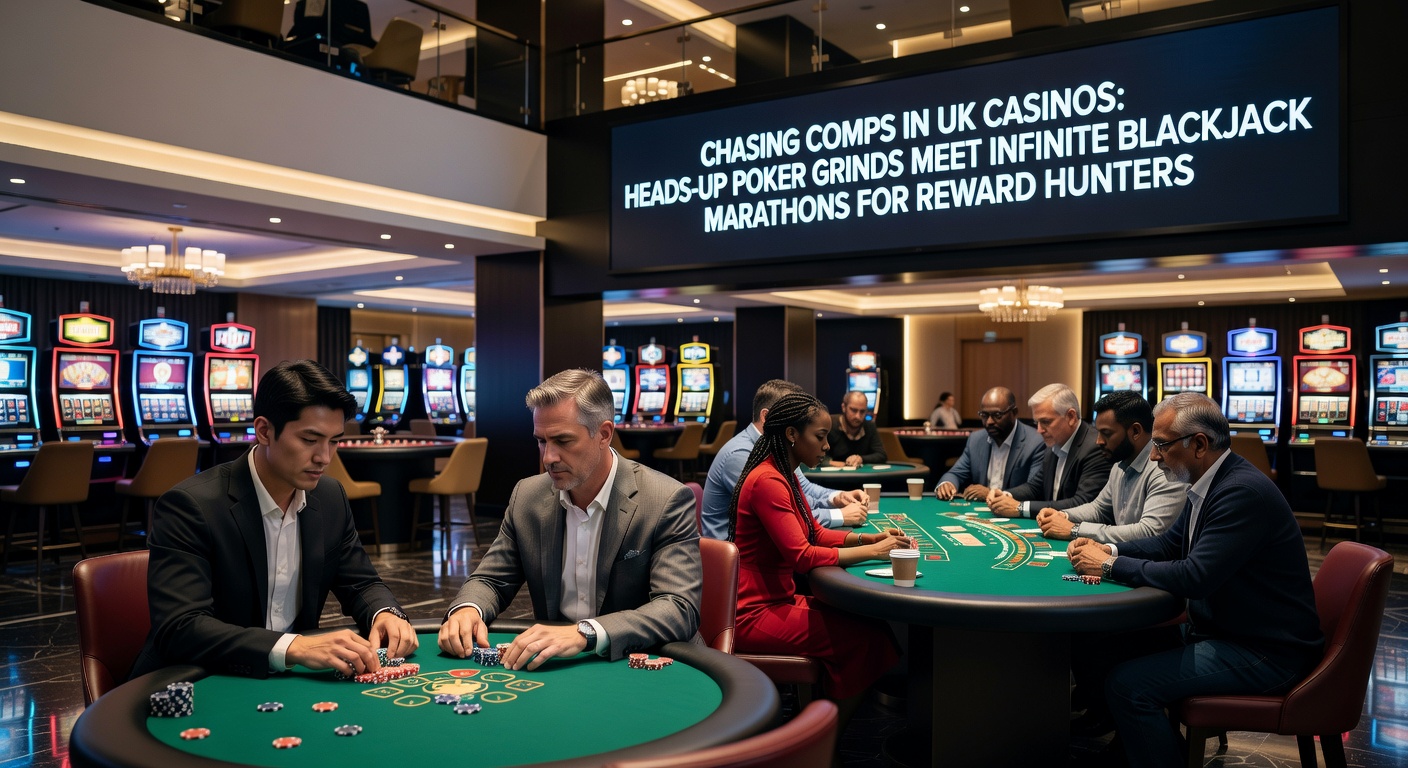 Player grinding heads-up poker tables alongside Infinite Blackjack interface on a UK casino platform, highlighting comp accumulation trackers