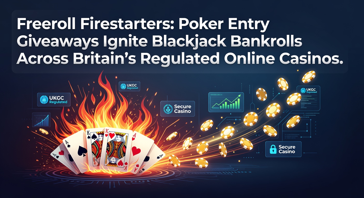 Players celebrating a freeroll poker win at a British online casino interface, with poker chips and blackjack cards in the background