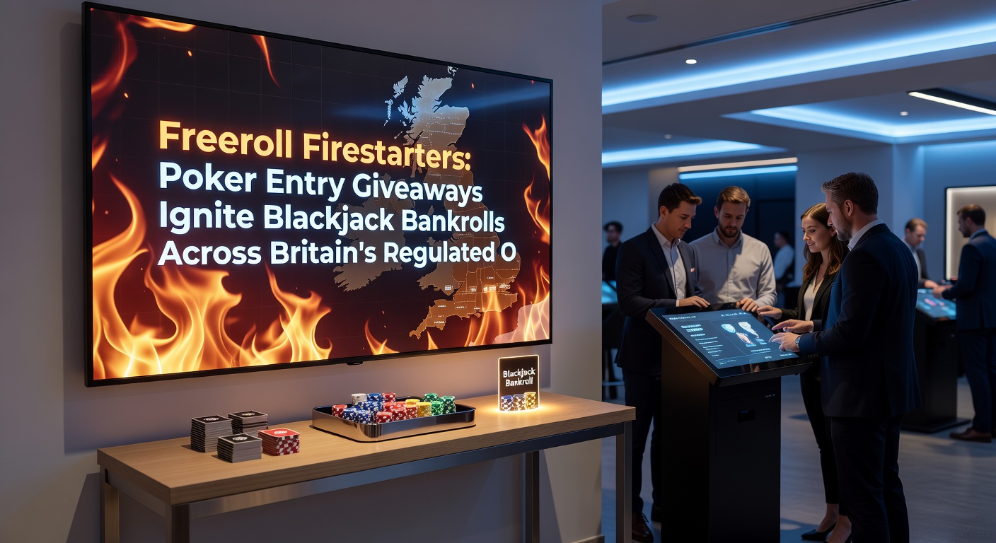 Split-screen view of a poker freeroll leaderboard transitioning to a blackjack table with growing chip stacks on a British casino app