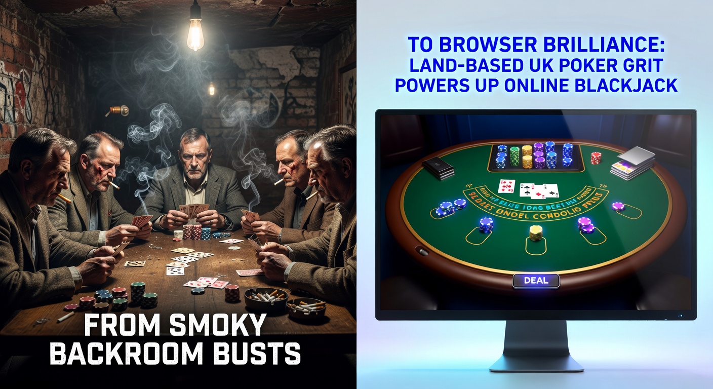 Modern online blackjack interface on a laptop screen, showing live dealer action alongside poker strategy charts, symbolizing the fusion of old-school grit with digital precision