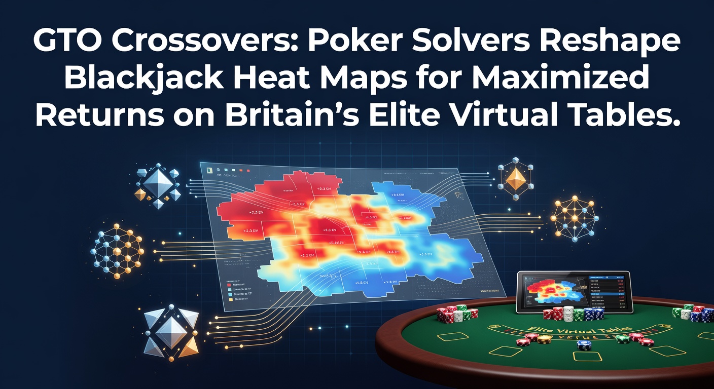 Digital visualization of a poker solver generating dynamic heat maps overlaid on a blackjack table layout, highlighting optimal decision zones in vibrant colors