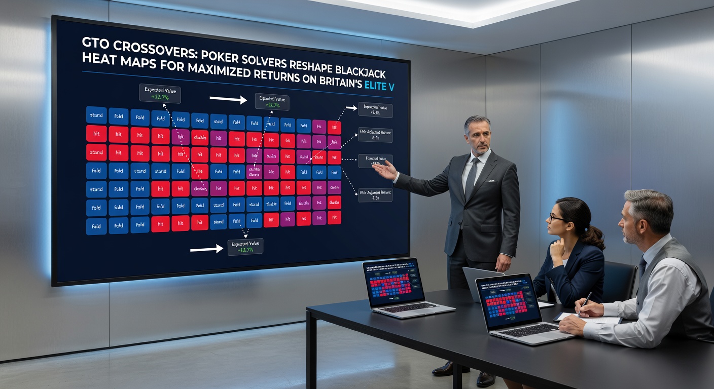 Close-up of an advanced blackjack heat map interface, with GTO solver outputs showing probability gradients and decision frequencies across multiple deck compositions on a virtual table