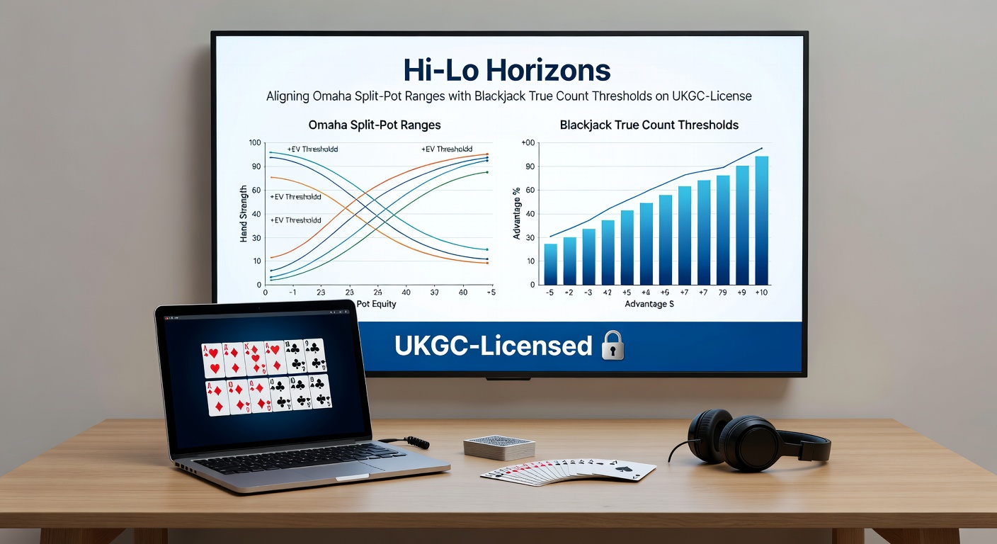Live dealer blackjack table next to a PLO hi-lo cash game lobby on a UKGC-licensed online platform, highlighting shared strategy overlays