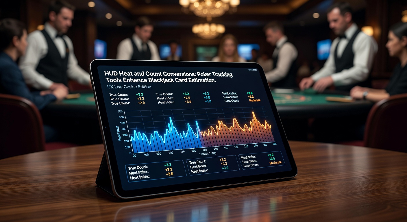 Close-up of a poker tracking HUD adapted for blackjack, showing real-time true count conversions and heat map overlays on a UK live casino interface