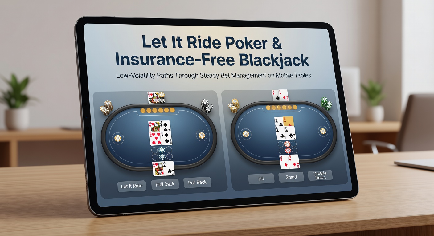 Mobile screen displaying a Let It Ride Poker table with steady bet options highlighted, showcasing low-volatility gameplay elements