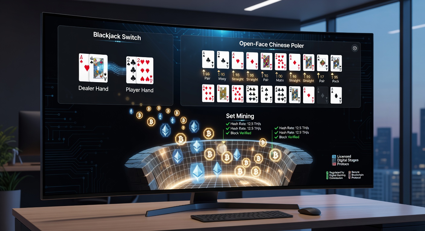 Digital screen showing Blackjack Switch table alongside Open-Face Chinese Poker setup on an online casino platform