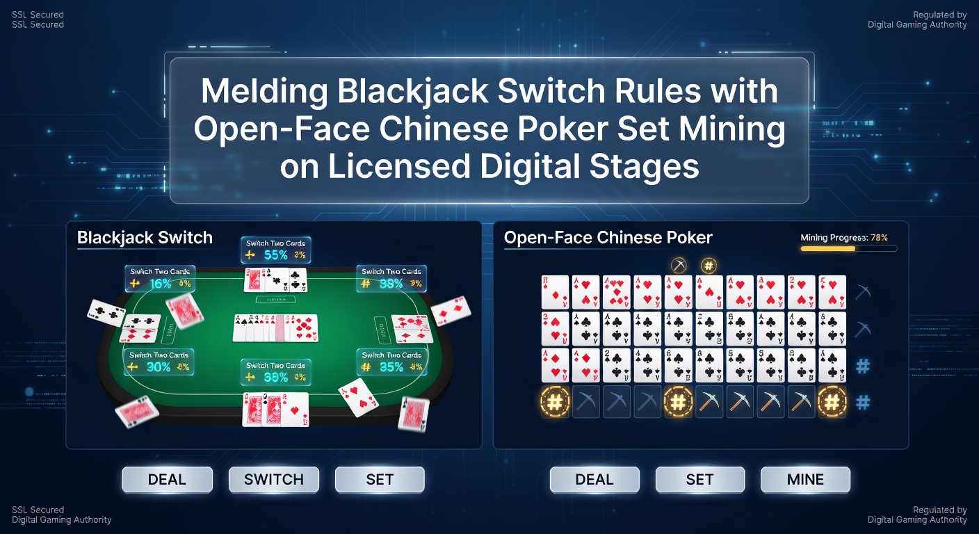 Close-up of Open-Face Chinese Poker board with set-mined trips highlighted against a Blackjack Switch hand in progress