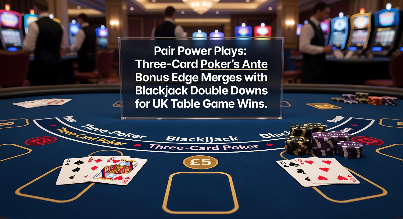 Three-card poker table with ante bets highlighted alongside a blackjack hand showing a double down opportunity, illustrating pair power strategies in UK online casinos