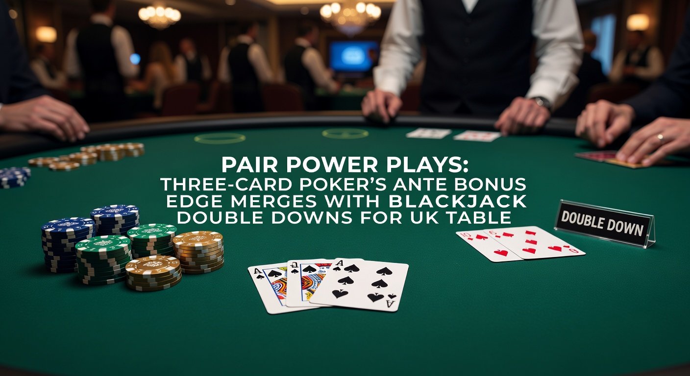 Close-up of a blackjack double down bet on a pair-derived 11 against dealer 6, paired with a three-card poker pair bonus payout slip from a UK live casino interface