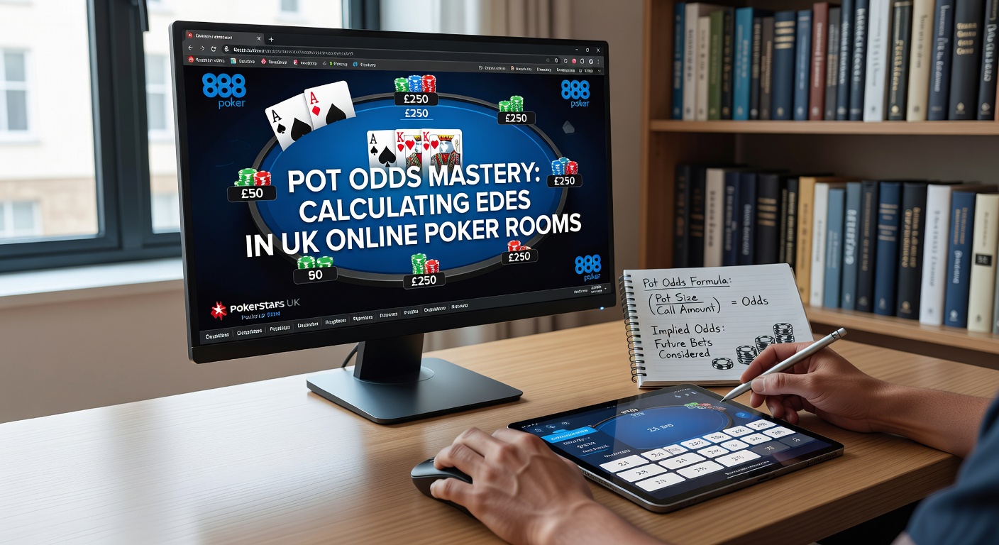 Poker player at online table analyzing pot odds on screen in a UK-themed room