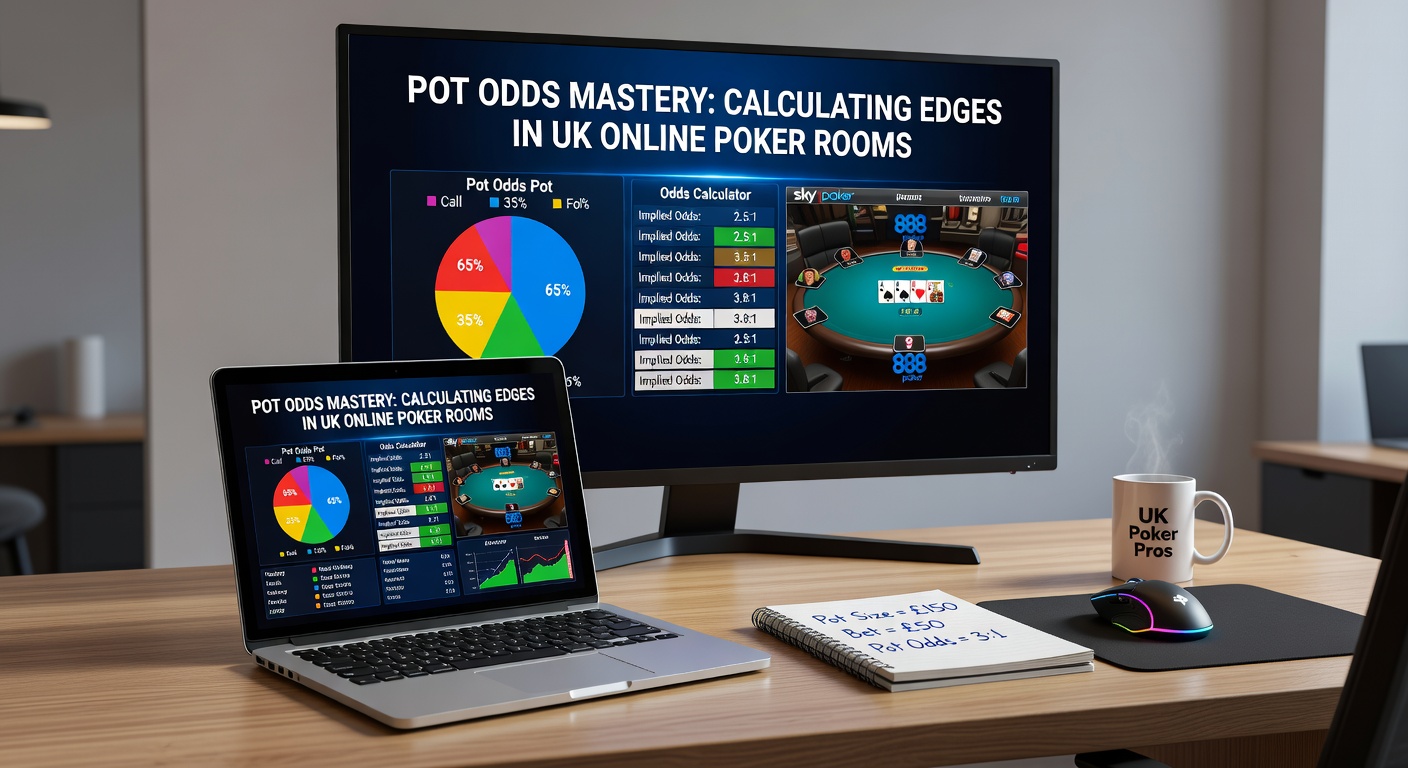 Close-up of poker HUD displaying pot odds, equity percentages, and stack sizes in a live UK online session
