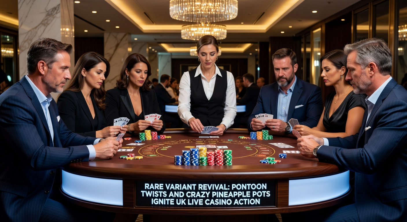Live dealer table featuring Pontoon cards and Pineapple poker chips in a vibrant UK casino stream