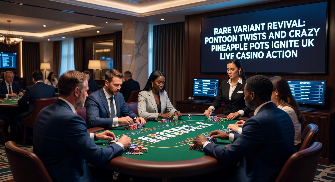 Dynamic close-up of Crazy Pineapple poker flop with discards and swelling pots on a live UK casino table
