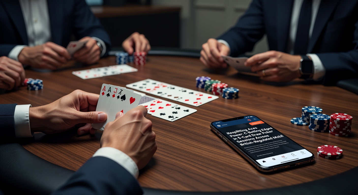 Close-up of a poker hand in 5-card draw with C-bet action and a blackjack resplit aces illustration on a mobile app interface