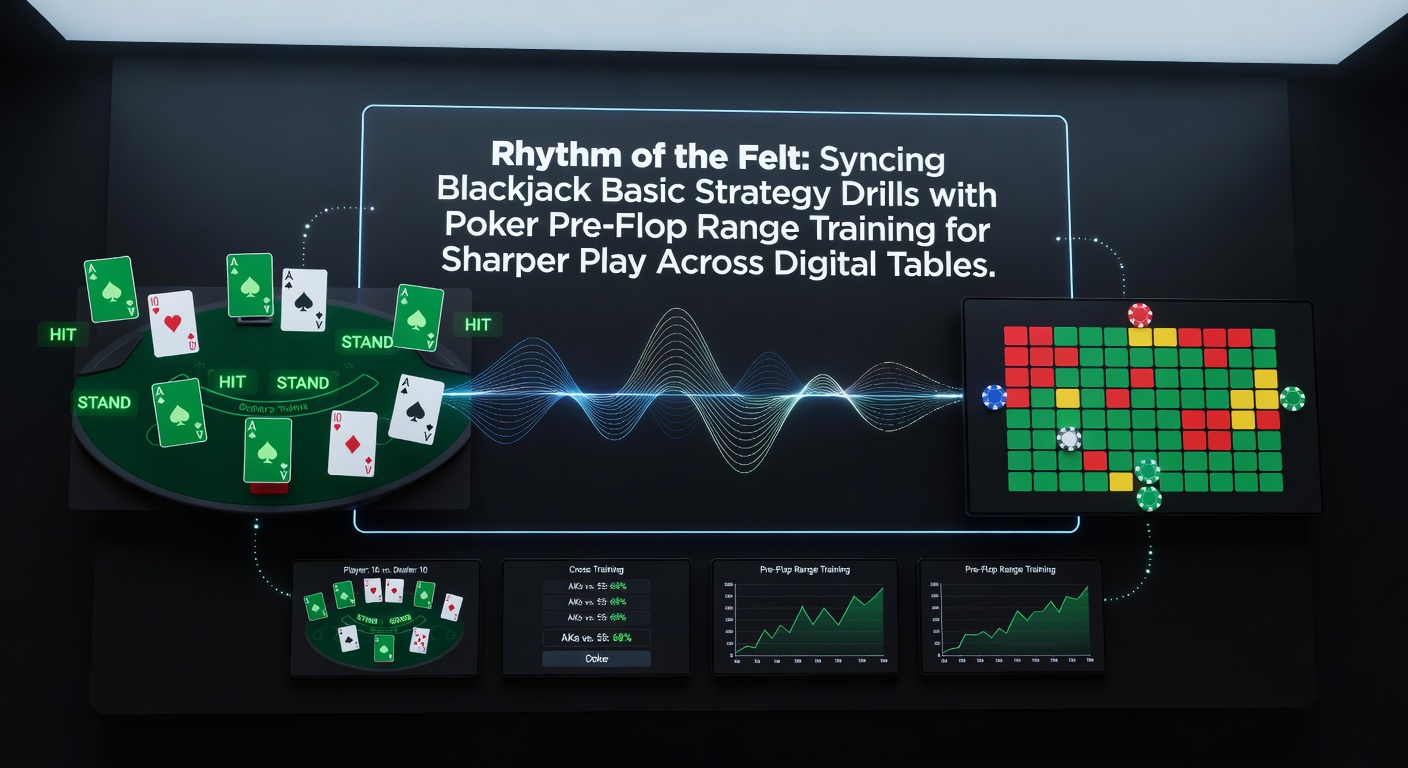 Digital screens displaying synced blackjack strategy charts alongside poker pre-flop range visuals, highlighting overlapping decision-making patterns for table game players