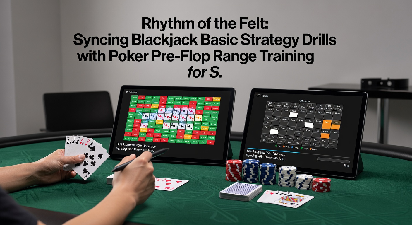 Close-up of a training interface showing blackjack basic strategy matrix aligned with poker pre-flop range charts, demonstrating visual syncing for enhanced player cognition