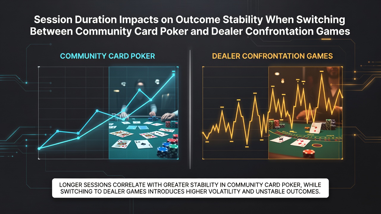 Players transitioning between poker tables and blackjack layouts in a casino environment showing session flow and game switching dynamics