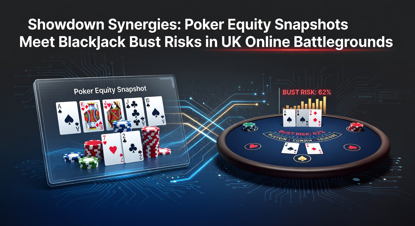 Digital graphic showing poker showdown hands overlayed with blackjack cards bursting at 22, set against a UK flag-themed online casino interface