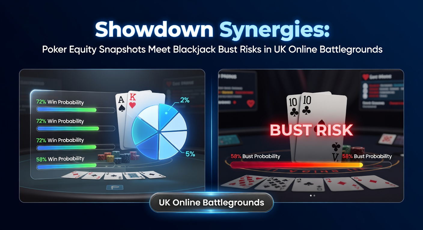 Screenshot of an online UK poker showdown equity calculator next to a blackjack bust probability chart, with tournament leaderboards in the background