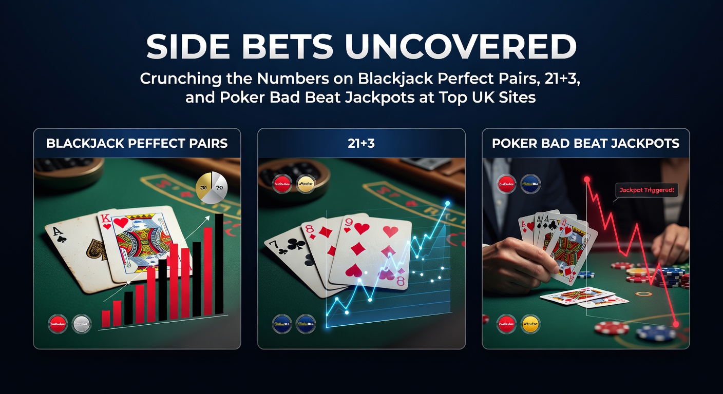 Vibrant blackjack table displaying Perfect Pairs and 21+3 side bet options alongside poker chips for bad beat jackpots
