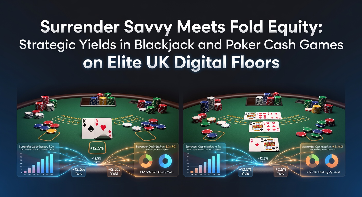 Digital blackjack table displaying surrender option alongside a poker cash game interface highlighting fold decisions on a sleek UK online platform