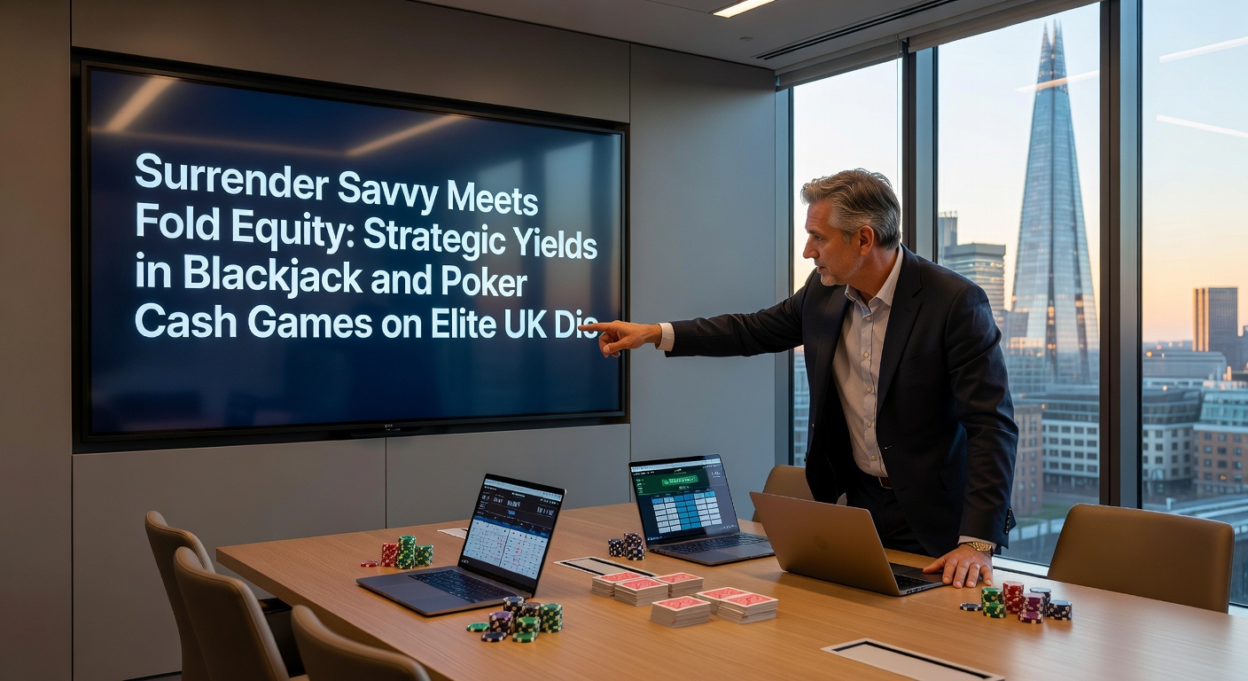 Close-up of a poker HUD displaying fold equity percentages next to a blackjack strategy chart emphasizing surrender spots, set against a backdrop of UK online casino dashboards