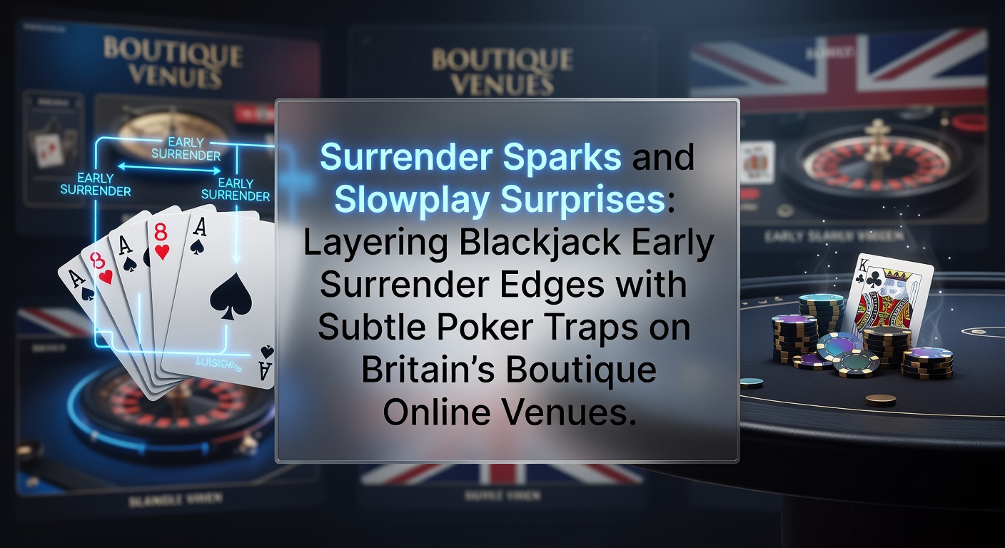 Digital render of a blackjack table showing early surrender option next to a poker hand being slowplayed on boutique online interfaces