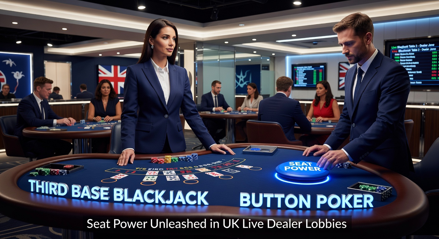 Live dealer blackjack table highlighting the third base seat position in a bustling UK online lobby