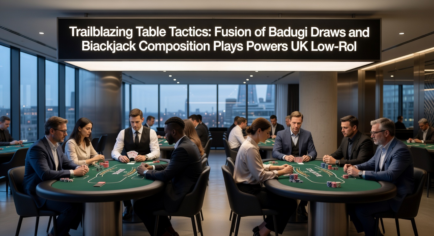 Close-up of strategy charts overlaying Badugi draw decisions with blackjack hand compositions, highlighting tactical crossovers in a low-stakes UK online casino interface