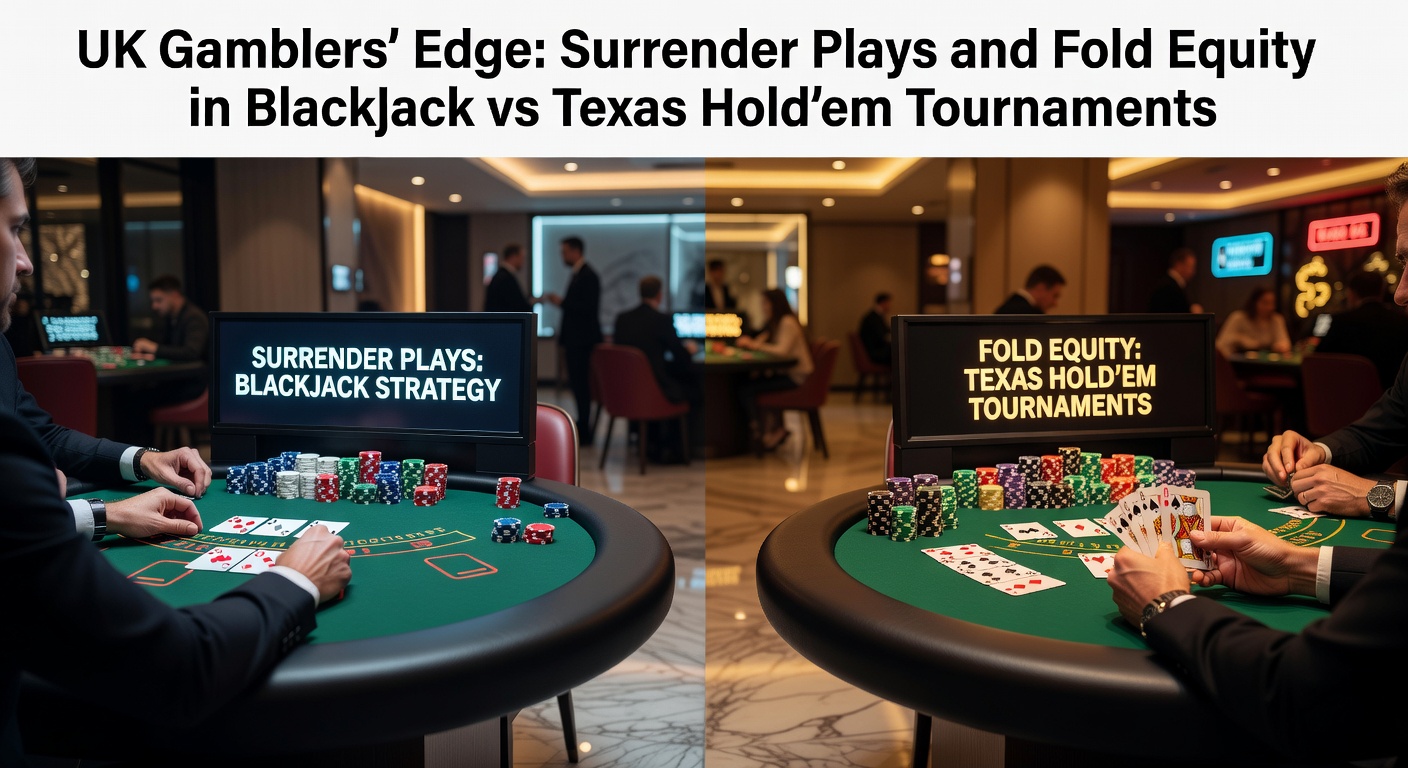 A blackjack table with cards showing a player facing a dealer ace, highlighting the surrender option in a UK casino setting