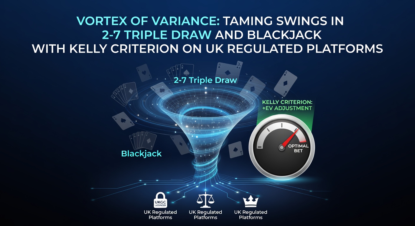 Digital graphics showing swirling variance charts for poker draws and blackjack hands on a UK casino interface, highlighting bankroll management tools