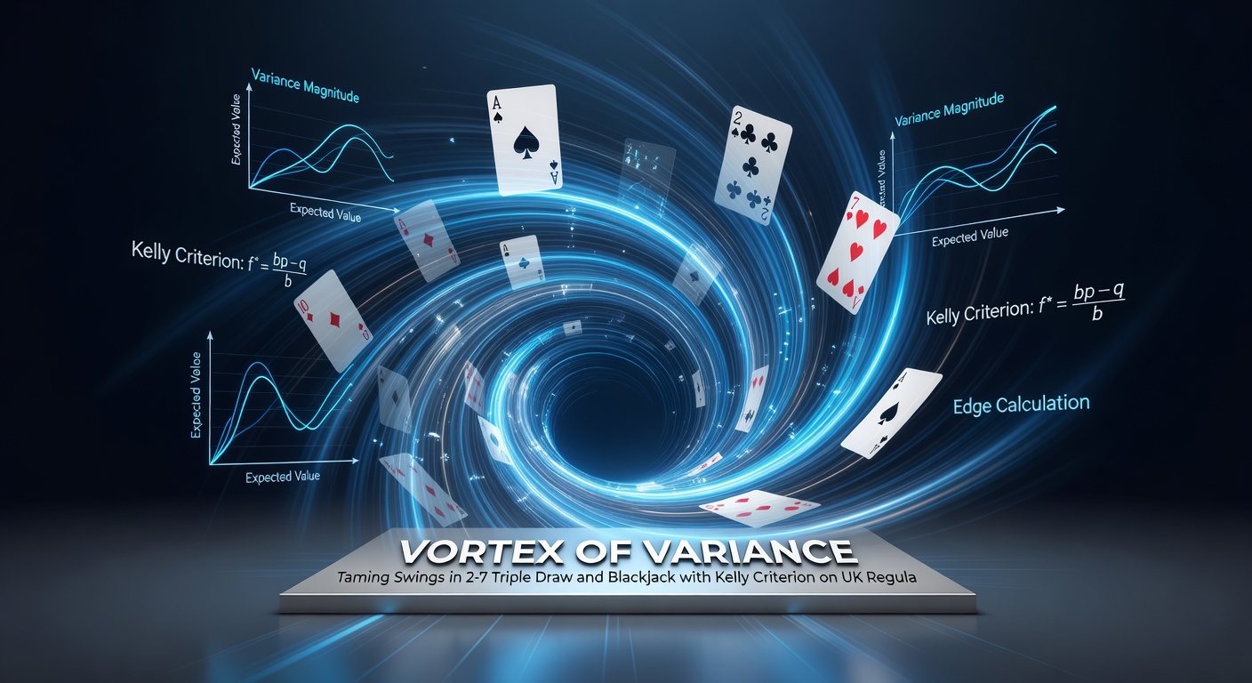 Close-up of Kelly Criterion formula overlaid on charts comparing poker bankroll curves and blackjack session graphs, with UK platform logos in the background